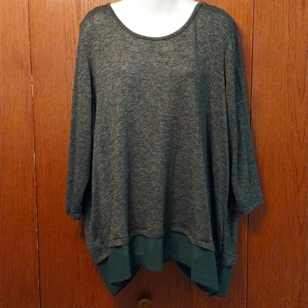 VINTAGE FOREST GREEN HEATHERED SHEER BOTTOM HEM SPLIT BACK blouse size XL